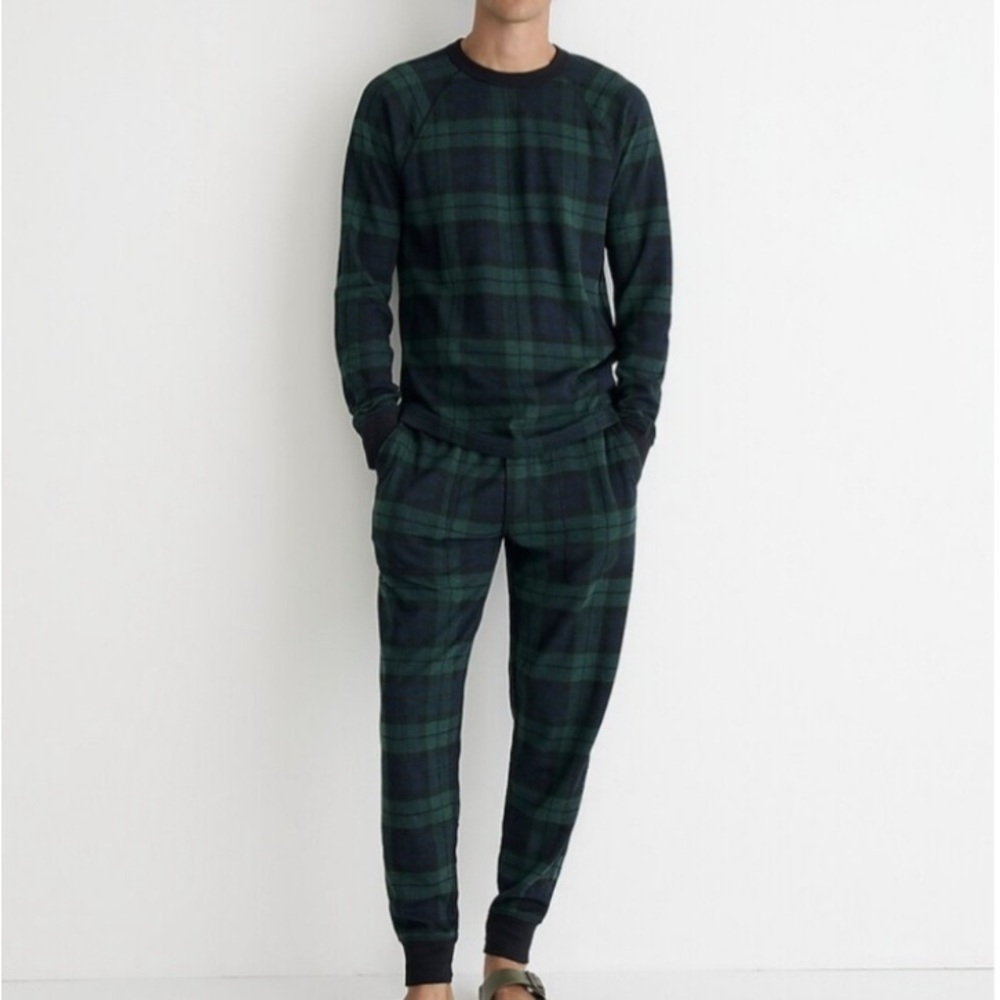 JCrew Double Knit Lounge Set Mens Large Plaid 2pc Pajama Jogger Egyptian Cotton